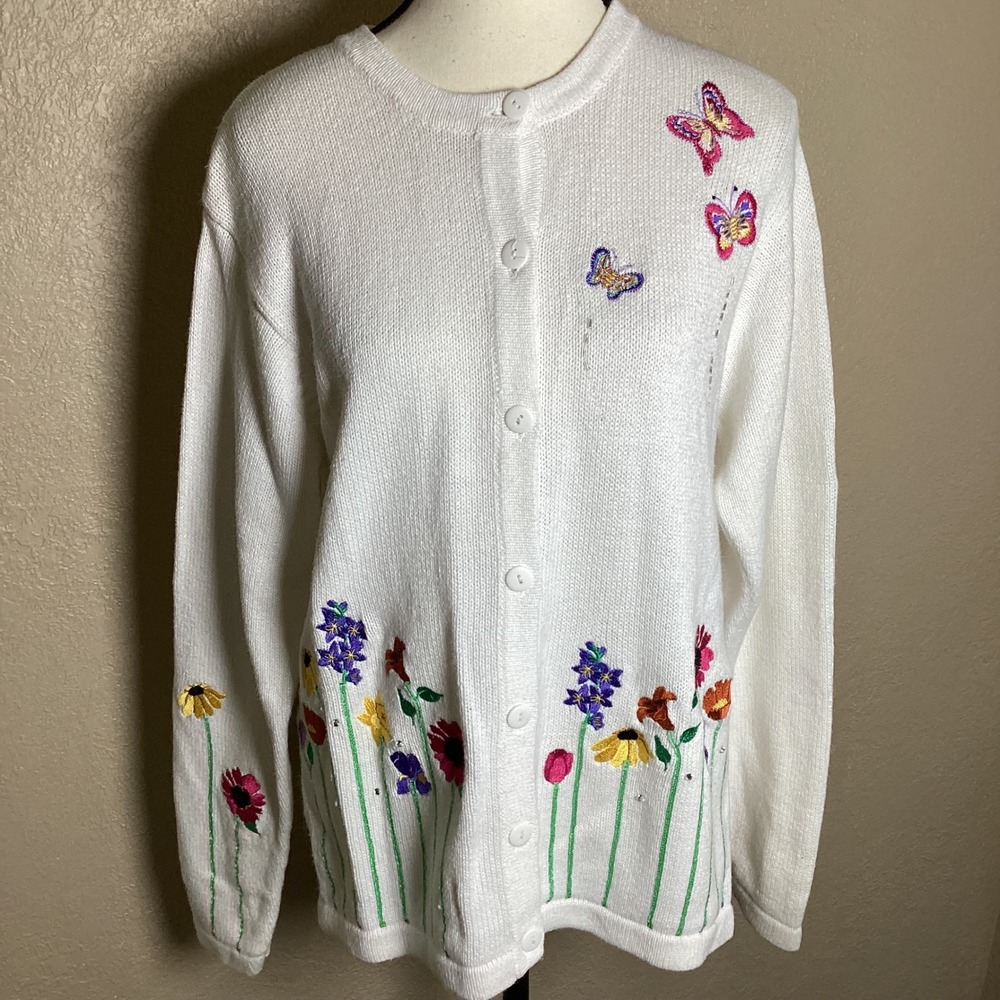 Vintage Quacker Factory White Embroidered Floral Butterfly Cardigan Size Small